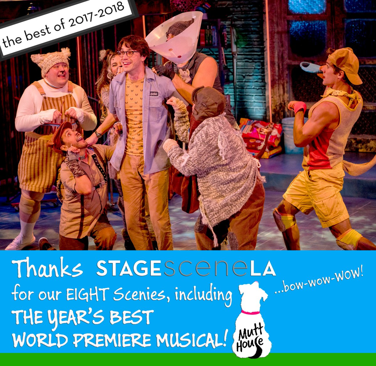 mutthouseLA's tweet photo. Thanks, @stagescenela! We're howling with delight at our 8 Scenies!
BEST WORLD PREMIERE MUSICAL *and* ENSEMBLE CAST IN A MUSICAL, plus lead actor @ryanmccartan, director Ryan Bergmann; and Claire Adams, @mandaleighjerry, Janet Roston, &amp; Anthony Lucca for their work this season! https://t.co/teMRbJxVwo