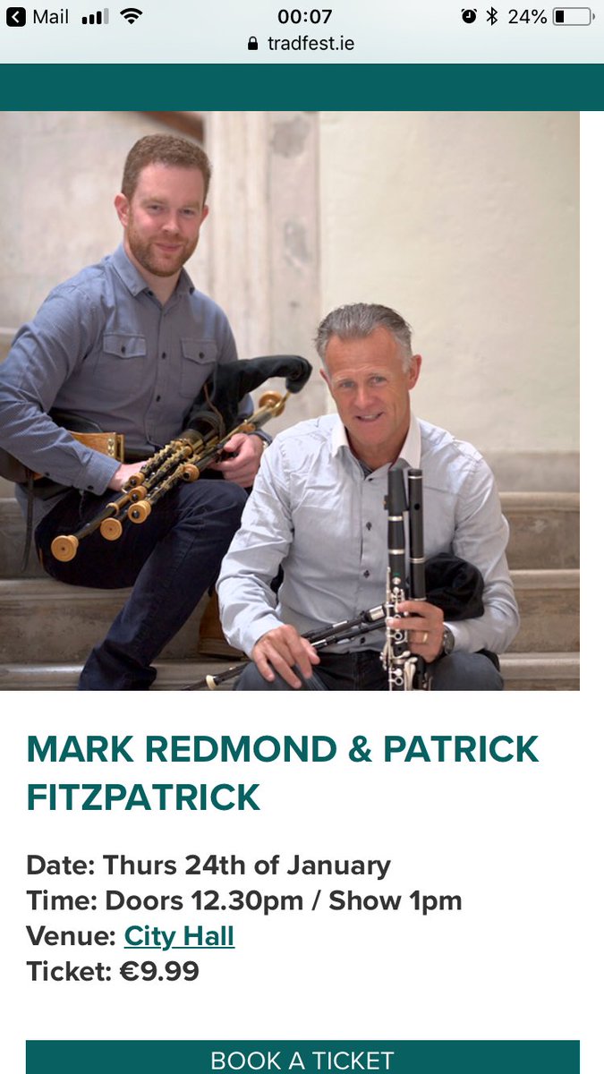 calibrated4mac's tweet photo. #UilleannPipes #Piper #MarkRedmond #PatFitzPatrick #Flute #TradFest2019 If you get a chance go and see these two playing in City Hall Dublin on Thursday 24th of January. It’s a lunchtime concert and only costs €9.99. #NotToBeMissed #CountMeIn #BestTennerYoullEverSpend https://t.co/hyHSBGAevm