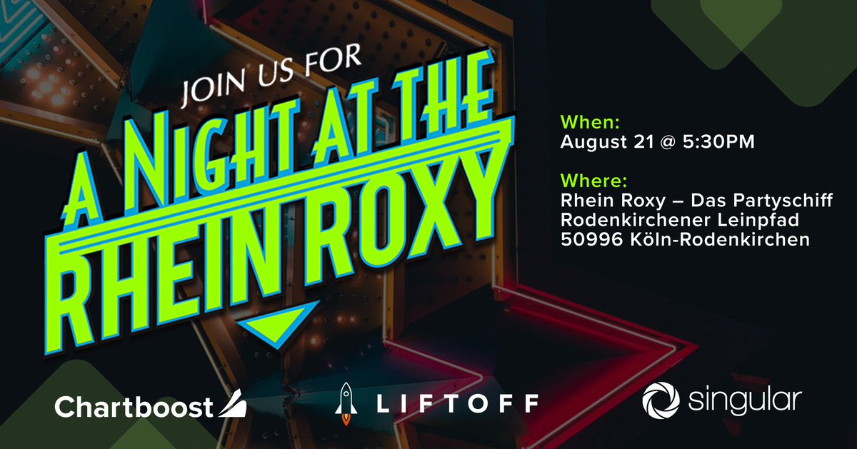 Chartboost's tweet image. 🍸🛥📱Rub elbows with the #mobile industry&apos;s top influential figures at #gamescom in #Cologne! Request your RSVP to join Chartboost, Liftoff, and Singular on the party boat Roxy on Aug. 21: anightattherheinroxy.splashthat.com/Chartboost @Chartboost @liftoffmobile @TweetSingular #gamescom2018