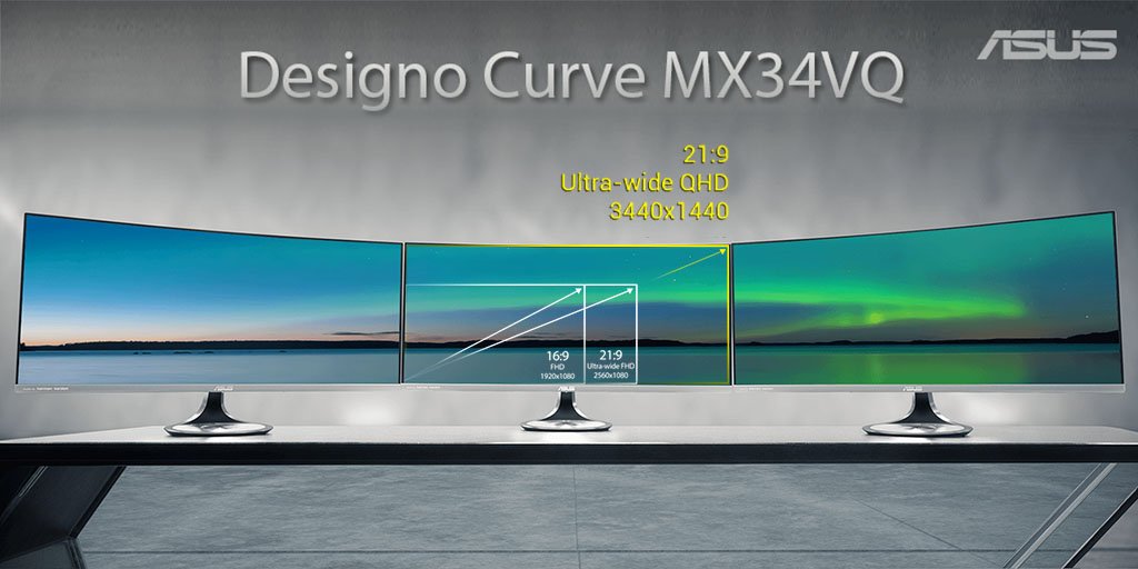 ASUS's tweet photo. The ultra-wide QHD of the #MX34VQ Designo monitor provides 35% more onscreen space than other Full HD monitors of a similar size. Extra resolution makes multi-tasking more efficient and enjoyable.

#ASUSDesignoMonitor https://t.co/tC1ICjdPft