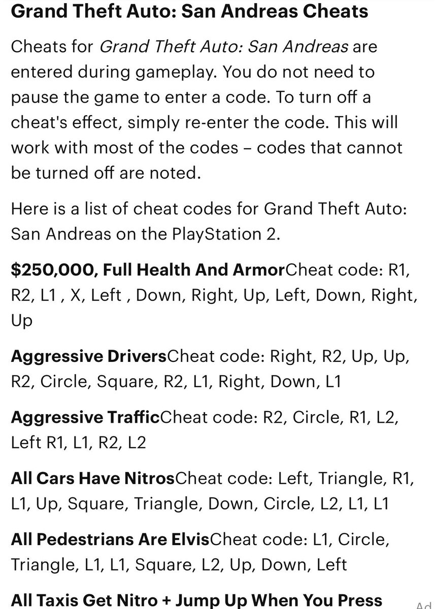 Bought this copy of GTA San Andreas for PS2 years ago, only just checked  inside it today to find a cheat code sheet in it, it's a small, but nice  thing to