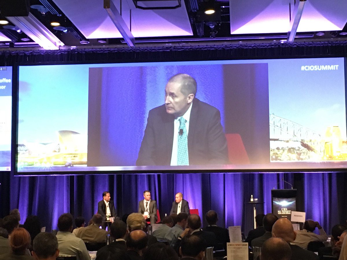FujitsuAPAC's tweet photo. Fujitsu's Regional Chief Information Security Officer Nick Brown speaking during the Fireside Chat panel discussion at #CIOSummit 2018 in Sydney with Iggy Pintado from IDC and Chris Weber from HPE. https://t.co/DgFRS2SFVb