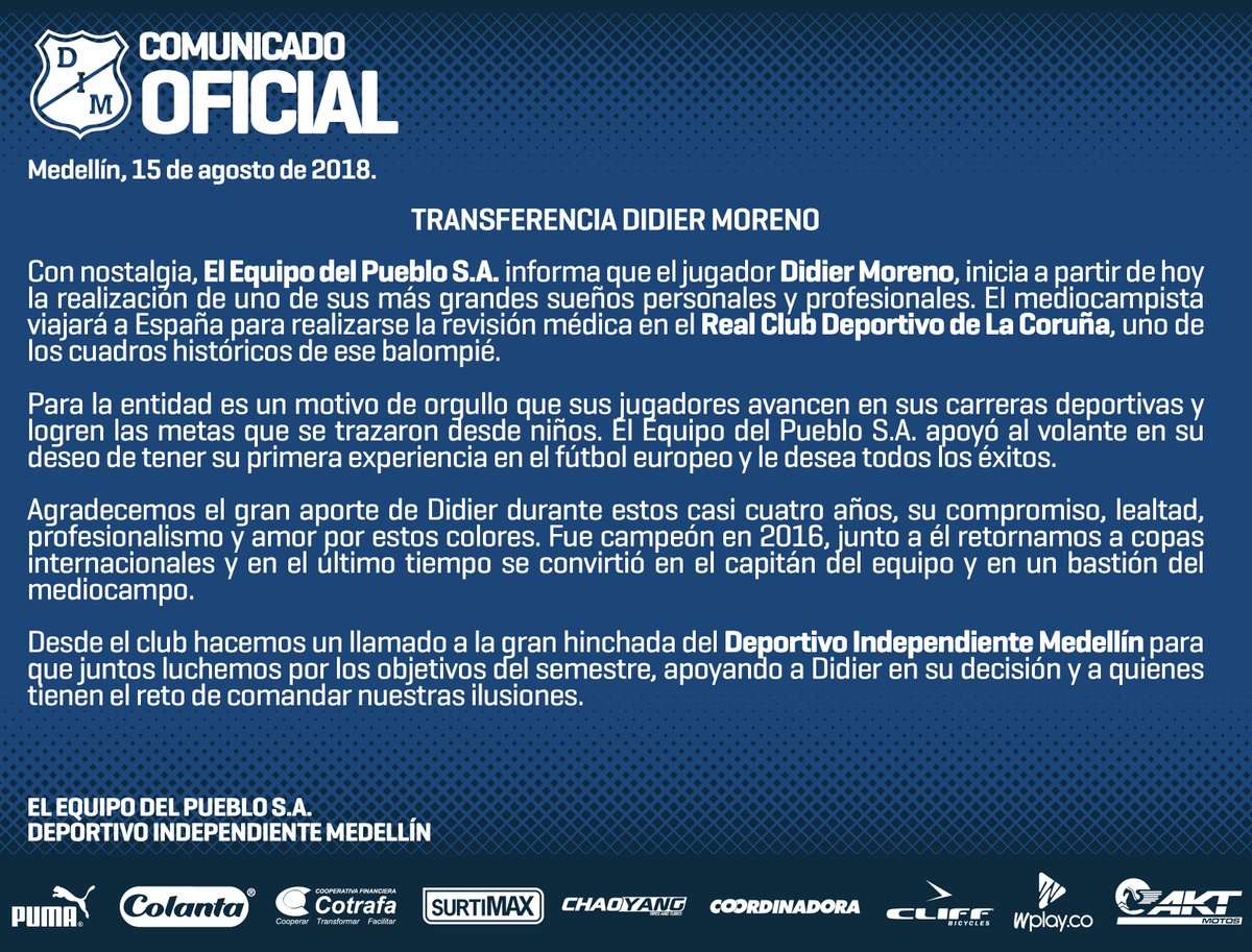DIM_Oficial's tweet photo. 📝 Comunicado oficial | Transferencia 6⃣ @didiermoreno06 

Capitán, tu #FamiliaROJA te desea muchos éxitos y alegrías. Que todo lo que venga en tu vida sea tan feliz como lo que nos regalaste. 

#GraciasDidier, te queremos mucho. https://t.co/Zwy5iRlmYf
