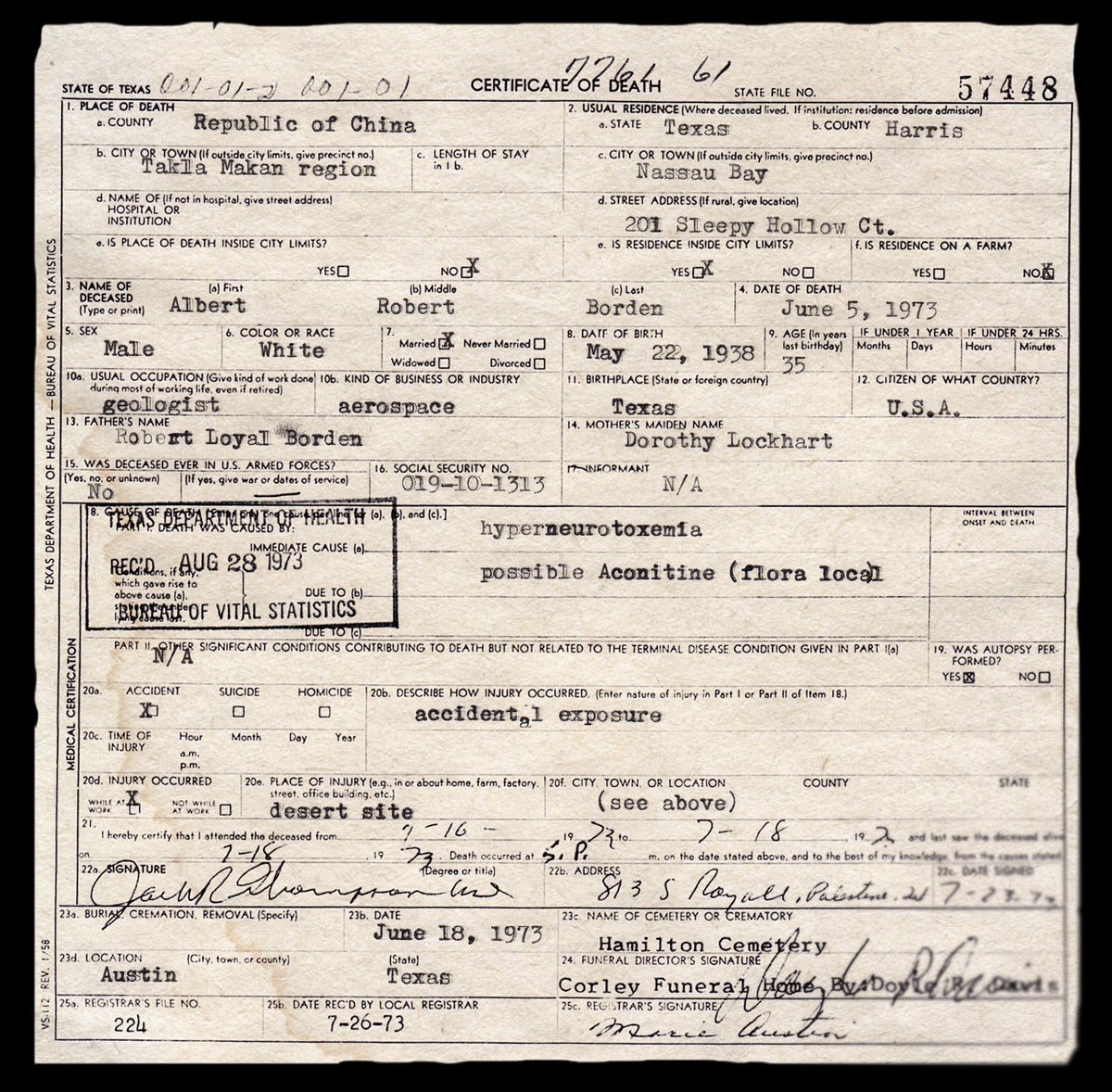 TheLandingMovie's tweet photo. One of the two most famous death certificates in NASA history: Borden (certificate pictured) and Lovett remain the only US astronauts to die on foreign soil. https://t.co/uL40mQX2hs