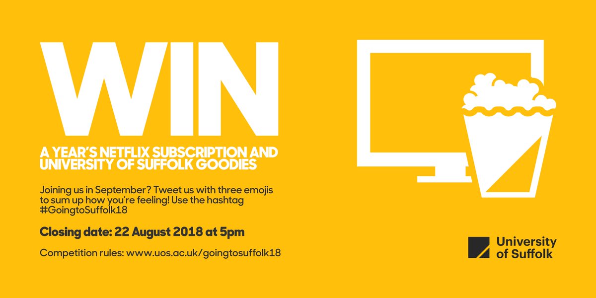 Competition time! Joining us in September? Tweet us with three emojis to sum up how you’re feeling and use the hashtag #GoingtoSuffolk18 

Everyone who enters will receive a free coffee too!

Closing date: 22 August 2018 at 5pm
Competition rules: uos.ac.uk/goingtosuffolk…
