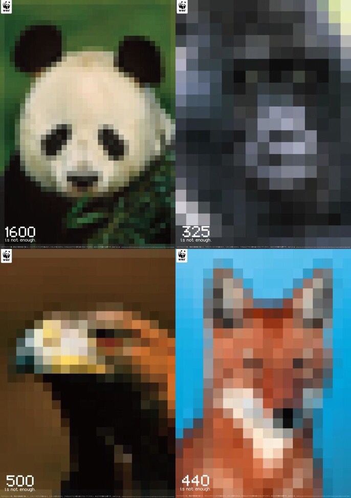 sharonodea's tweet image. This is a brilliant little bit of design from @WWF. Each picture has the same number of pixels as there remaining members of the species.