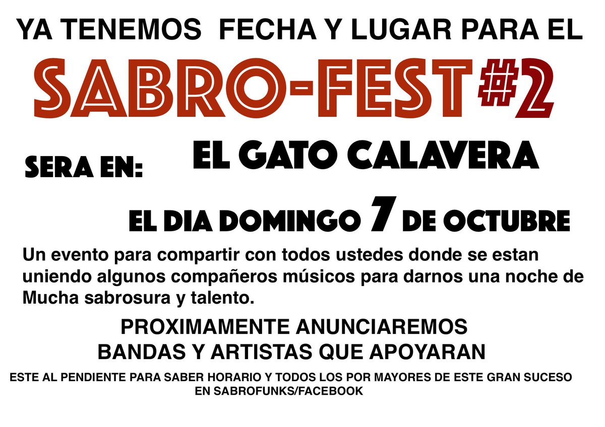 Aparten la fecha amigos #Sabrofunkeros 
 Porque vine el segundo Sabro-fest, compartiendo con grandes amigos artistas y lo que queremos es compartir contigo nuestras emociones y sensaciones. TODOS SOMOS UNO Y UNO SOMOS EL UNIVERSO