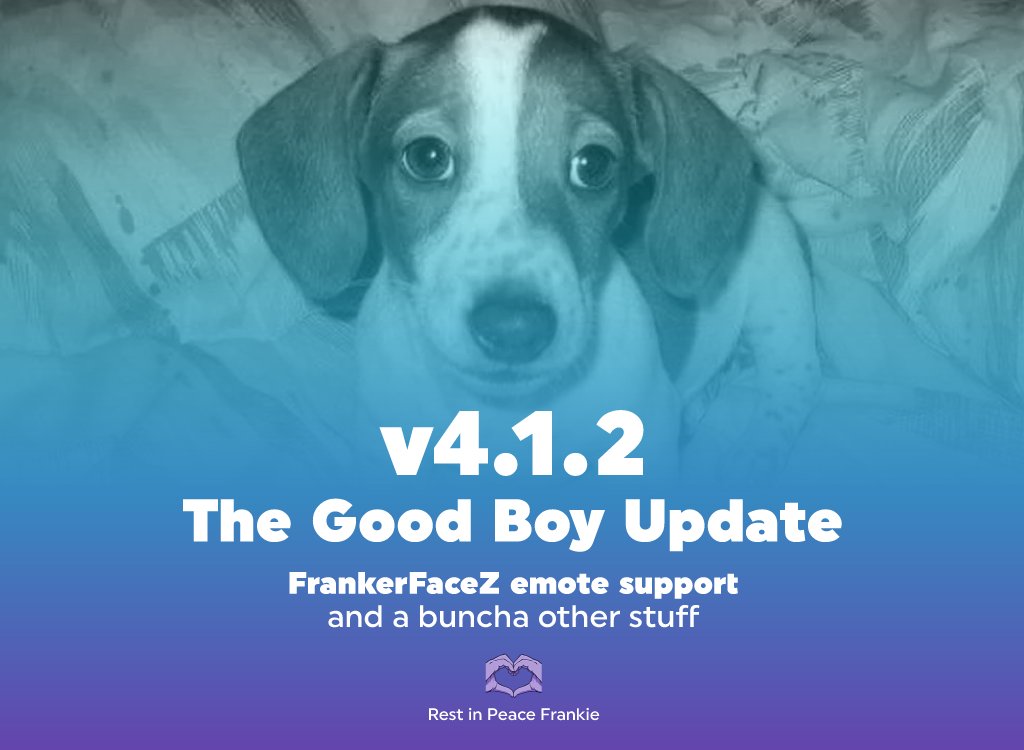 twitchytvapp's tweet photo. Surprise!
🐶 v4.1.2: The Good Boy Update - now available

We wanted to do something special, so:
• FrankerFaceZ support (off by default)

Also:
• Refresh button on directory pages
• ‘All’ button hides if not required
• Show VOD duration
• Better login
• Alternate chat style https://t.co/ajJUPDqjjc