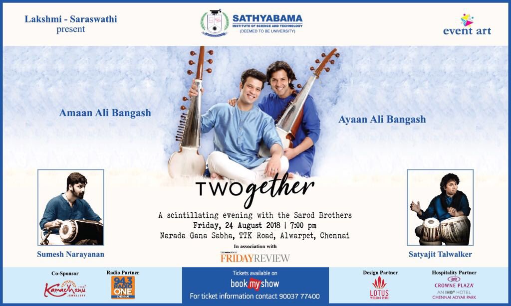 AyaanAliBangash's tweet photo. Chennai August 24 at Narada Gana Sabha at 7pm Tickets on #BookMyShow #chennai #naradaganasabha #sarod #tabla #mridangam #satyajittalwalkar #sumeshnarayanan @eventart_india @bookmyshow https://t.co/VXEIF9unlr
