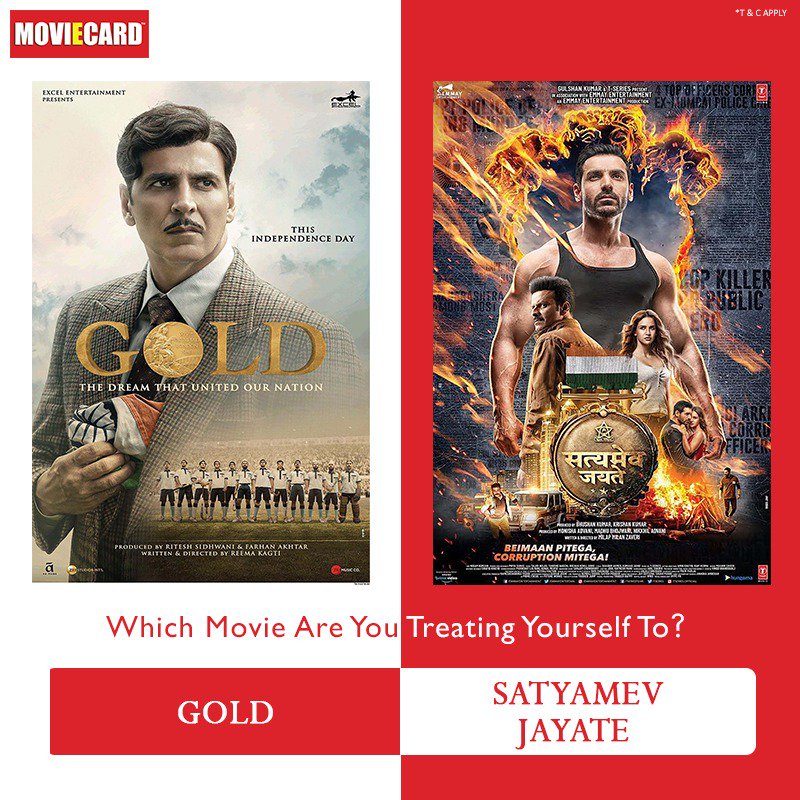 moviecardindia's tweet photo. #AkshayKumar’s #Gold or #JohnAbraham’s #SatyamevaJayate? Which movie are you watching today with #MoviEcard?
.
.
#weekdayoffers #newmovies #latestreleases #augustrelease #IndependenceDayRelease https://t.co/TipcWX7rcC