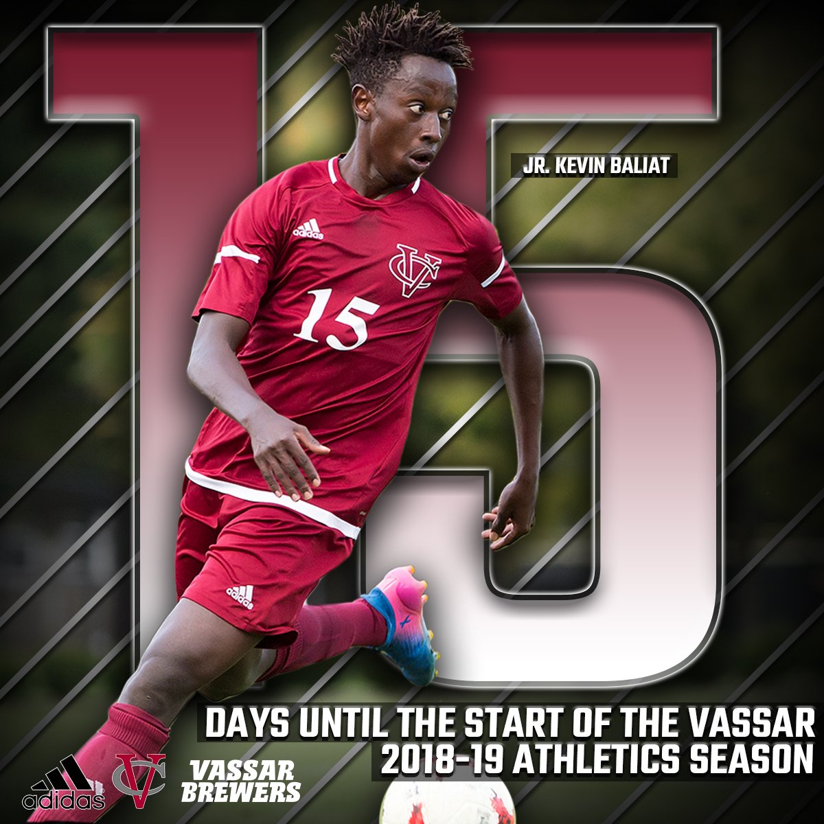 VassarAthletics's tweet photo. COUNTDOWN | KEV-O!! Only 15 days until we get to see Kevin Baliat and @VassarMSOC back on the pitch looking for another Liberty League title. Come support the Brewers all season long, and follow social media on Instagram, Twitter and Facebook! #OnABrewLevel https://t.co/WgLAQMvOD6