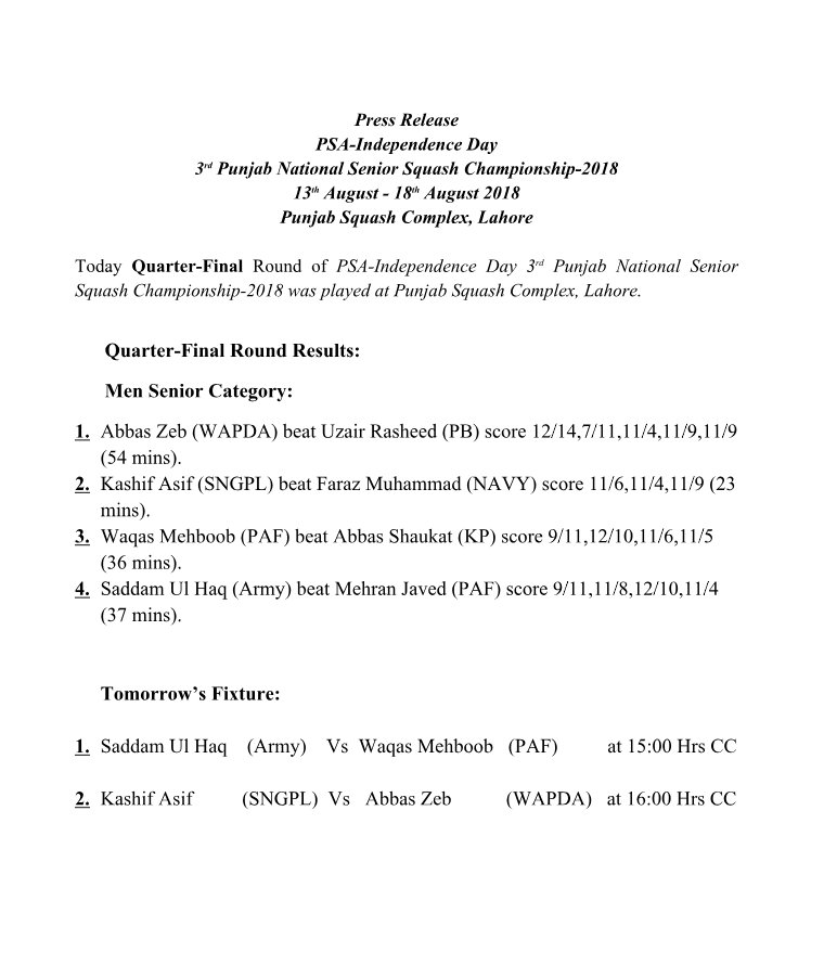 SquashLeague's tweet photo. Today Quarter-Final Round of PSA-Independence Day 3 rd Punjab National Senior Squash Championship-2018 was played at Punjab Squash Complex, Lahore. https://t.co/1CuryfrJaX