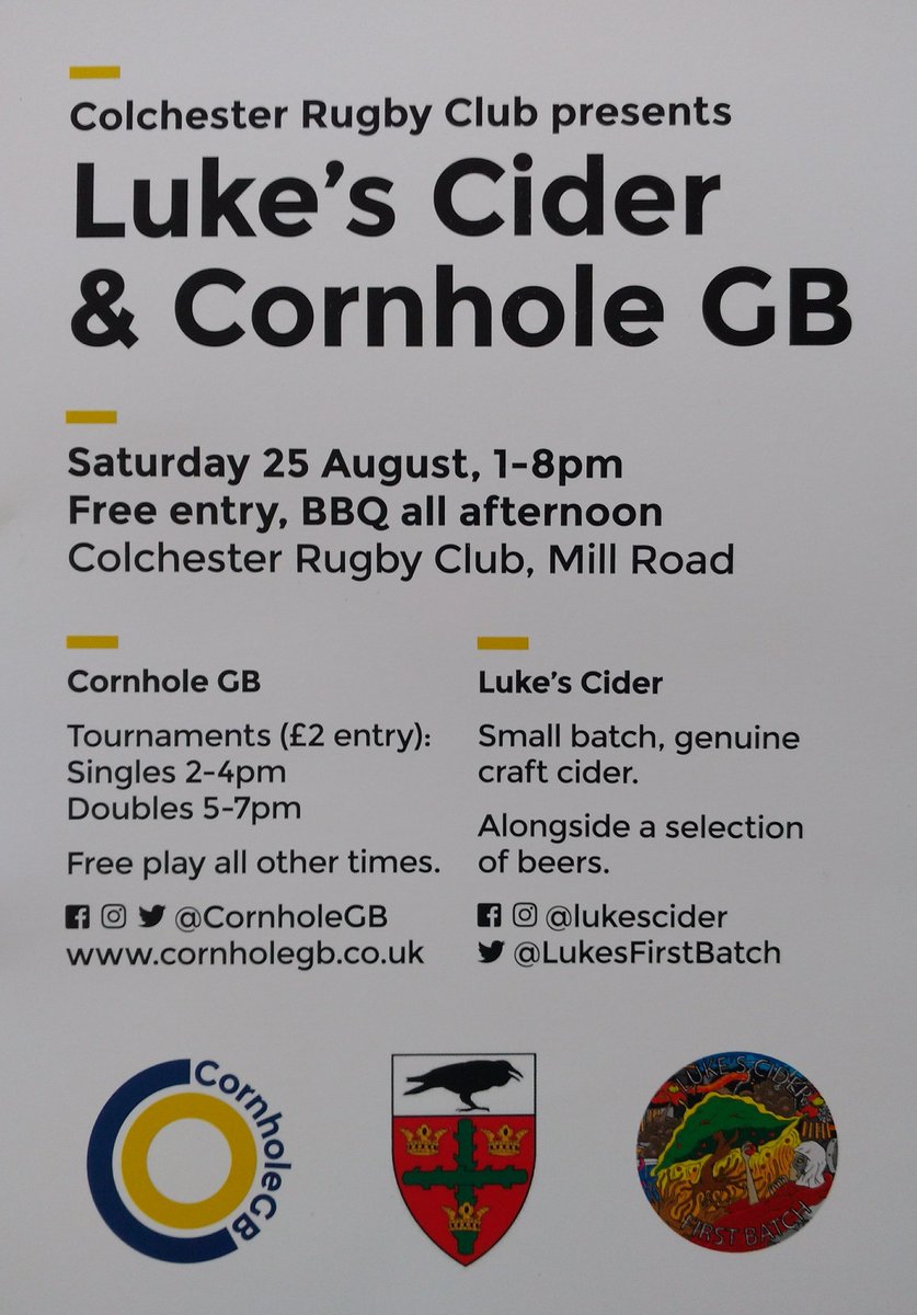 Cornhole GB (@cornholegb) on Twitter photo Unfortunately the venue have pulled out of next Wednesday's tournament at the Wooden Fender, but we're very excited to be involved with <a href="/ColchesterRFC/">Colchester RFC</a> and <a href="/LukesFirstBatch/">Luke's Cider</a> on Saturday 25th. Come join us for outdoor fun, #cornhole and #cider.
#bankholiday #Colchester #summer2018 Unfortunately the venue have pulled out of next Wednesday's tournament at the Wooden Fender, but we're very excited to be involved with <a href="/ColchesterRFC/">Colchester RFC</a> and <a href="/LukesFirstBatch/">Luke's Cider</a> on Saturday 25th. Come join us for outdoor fun, #cornhole and #cider.
#bankholiday #Colchester #summer2018