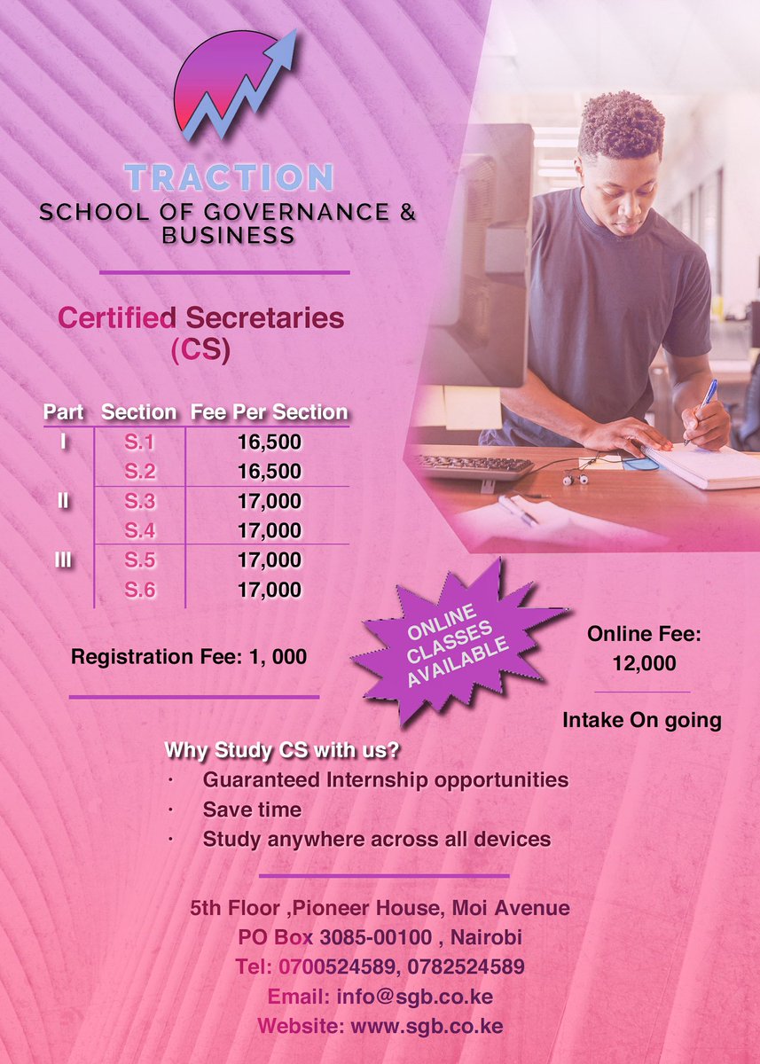 Tractionschool's tweet photo. Certified Secretaries. (CS)

A company secretary is responsible for the efficient administration of a company, particularly with regard to ensuring compliance with statutory and regulatory requirements.

Enroll to TSGB now to start your career in governance. https://t.co/Wa9QkW3Lma