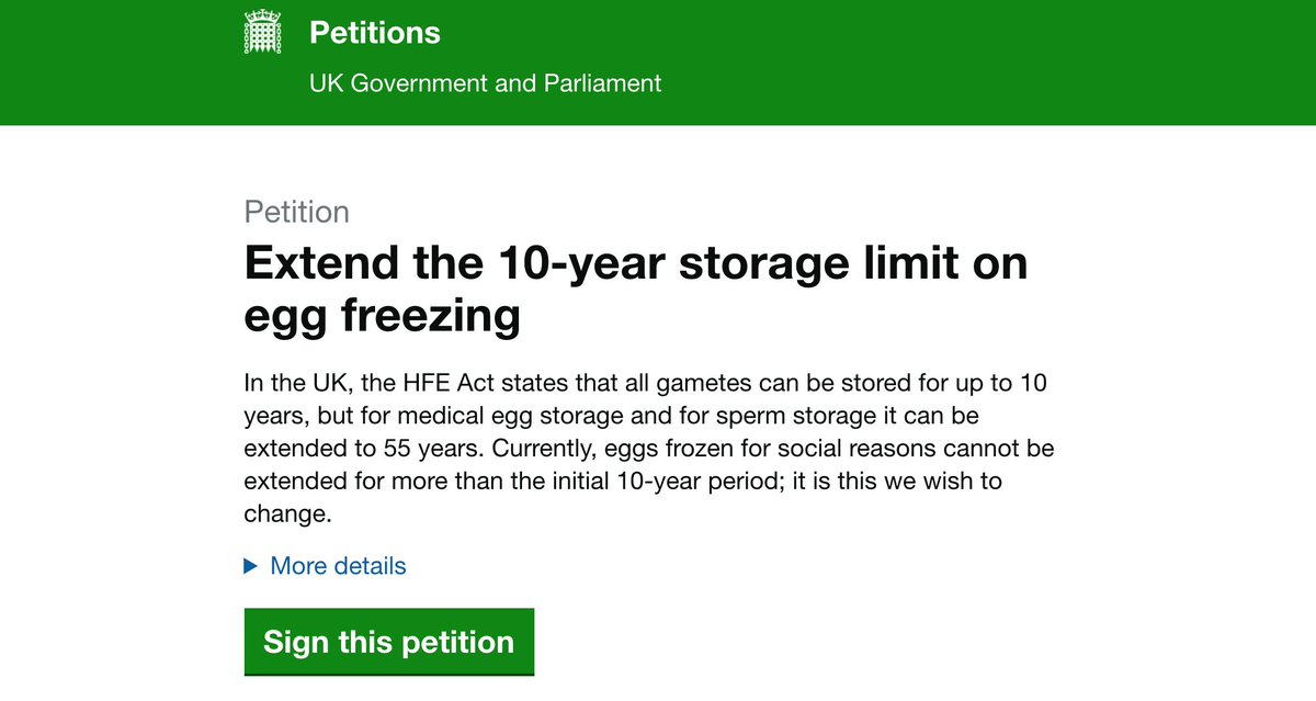 Social egg freezing in the UK has a limited storage for 10 years. We have a Parliament petition to change this. Please sign the petition here - https://petition.parliament.uk/petitions/218313 … - we need 10,000 signatures . Hear more about this on the BBC News last night - https://www.bbc.co.uk/iplayer/episode/b0bdw4bg/look-north-yorkshire-evening-news-15082018 …