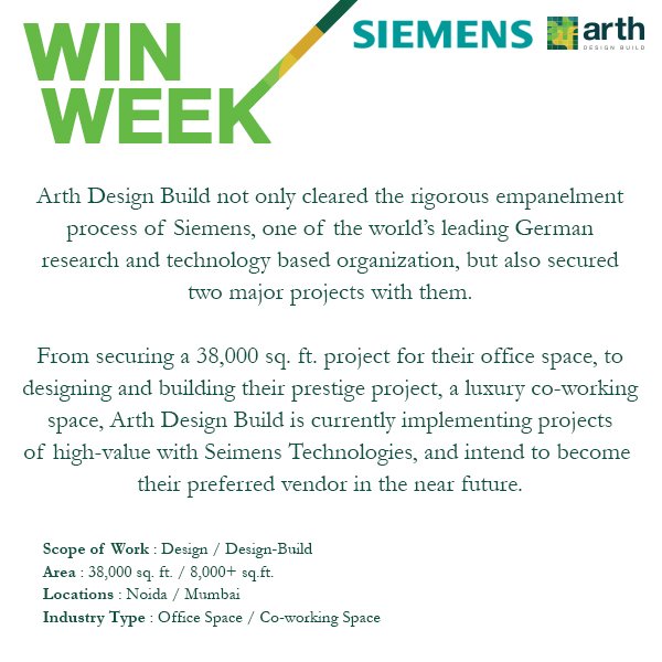 Arth_team's tweet photo. We are proud to announce the #projects we are working on for #tech giant, #Siemens!
Congratulations to #Team #ArthDesignBuild on the prestigious win!
#Architecture #StartUp #StartUpIndia #InteriorDesign #DesignBuild #Design #Build #Construction #BIM #BuildingInformationModeling https://t.co/9fjwR0HUkJ