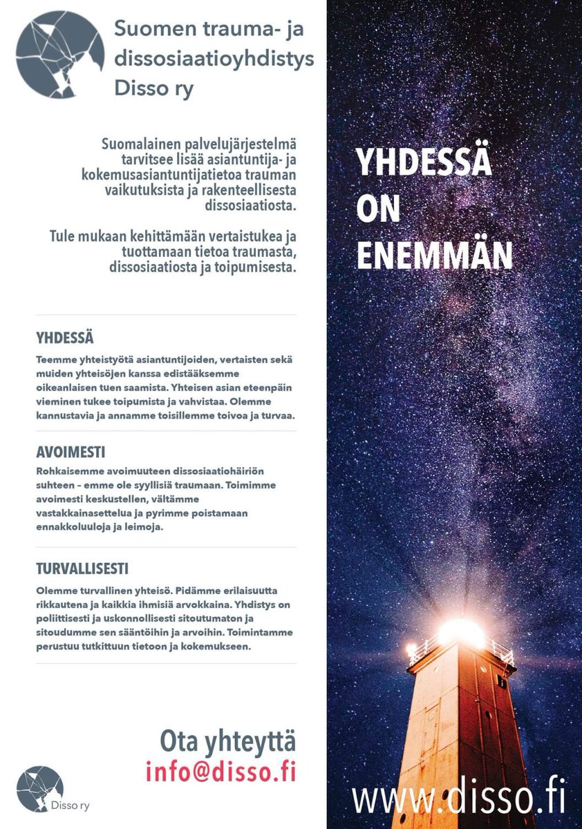 SuomenDissoRy's tweet photo. #Dissory on alkavan kauden kunniaksi julkaissut flyerin, joka kiteyttää arvomme. Haluamme edistää traumatietoa ja vertaistukea, avoimesti ja turvallisesti, toisiamme kunnioittaen. Flyerin on suunnitellut Carita Kilpinen Peaceful Impact Publisher oy. Lämmin kiitos Carita! ❣️ https://t.co/BJ9jQGHmQw