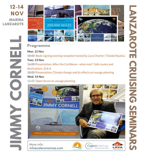 CaleroMarinas's tweet photo. We are delighted to announce that cruising legend Jimmy Cornell will be returning to Marina Lanzarote this year with three days of cruising seminars and a fun book-signing evening hosted by marina chandlery @LavaCharter_SLU  All sailors welcome! https://t.co/JtZiZ6BvCH https://t.co/5toTjEQJU4