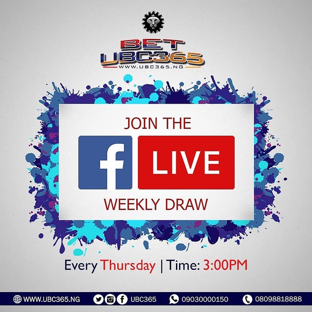 UBC365's tweet photo. This is to remind Everyone of our weekly Facebook live Draw, which will be live today by 3pm. Stay tuned.
#UBC365 #LiveDraw #ThursdayPromo #UBC365Promo #Sportsbetting #FacebookLive https://t.co/D4GdbUi1Yl