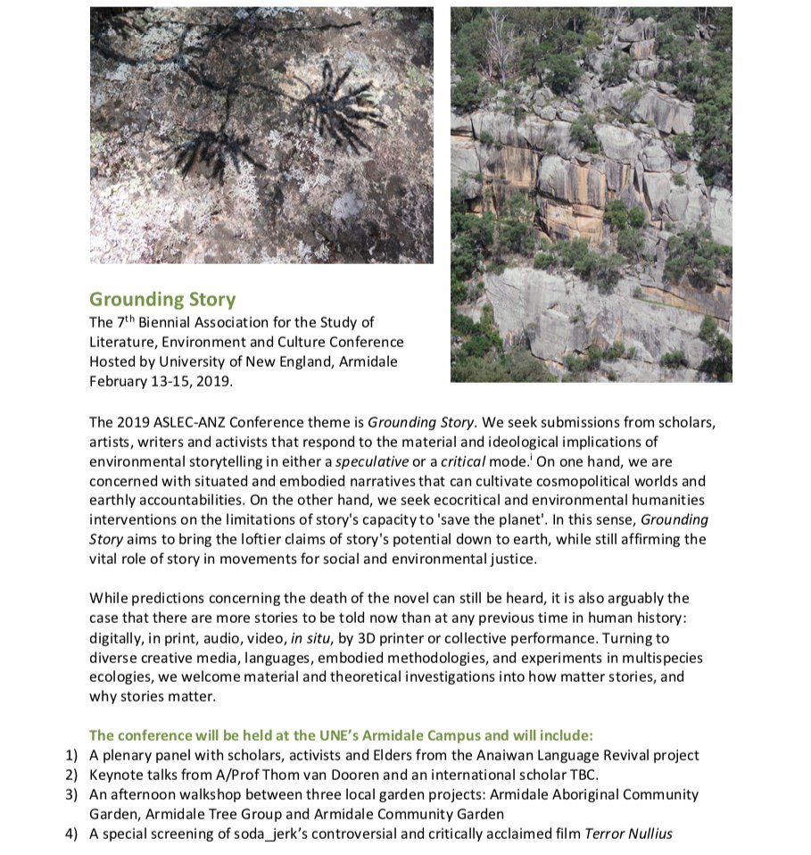 bicycleuser's tweet photo. Don't forget that the next @aslec_anz conf in #envhum #ecocriticism is @UniNewEngland in Armidale, Feb '19 & the CFP is still OPEN. Incl. local plenary, walkshops to gardens, screening of #terrornullius and keynote by @thomvandooren + more announcements to come! #story #place https://t.co/elX3jCjGKH