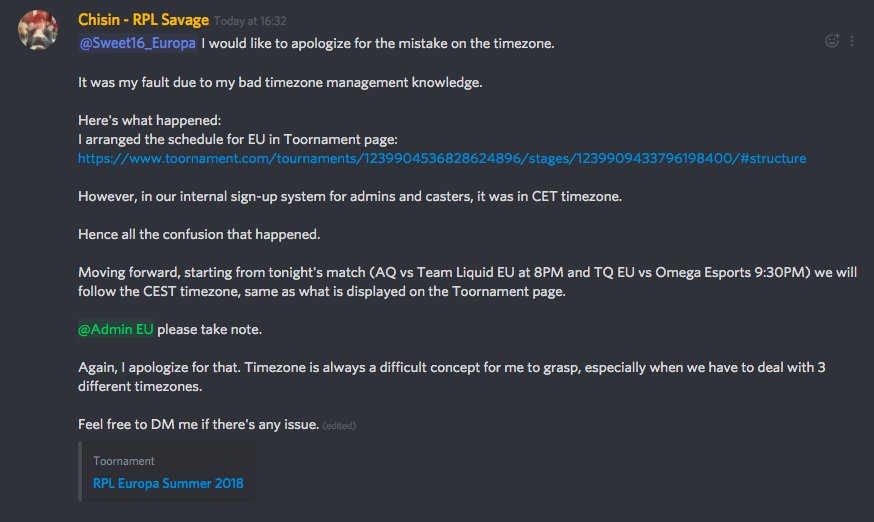 RPLeuropa's tweet photo. ANNOUNCEMENT: Our apology for the timezone confusion. 

Timezone 1 - 0 RPL.

@RPLgg @RPL_es https://t.co/kH9LFLdBQ6
