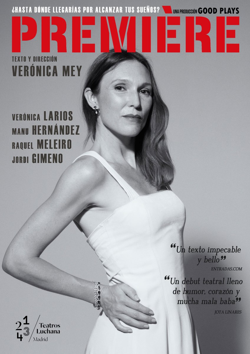 Más que felices, de poder anunciar que #premiere vuelve a la cartelera madrileña de la mano de <a href="/TeatrosLuchana/">Teatros Luchana</a> Sábado 1 de septiembre GRAN ESTRENO Escrita y dirigida por <a href="/VernicaMey/">Verónica Mey</a> Con <a href="/Veronica_larios/">Verónica Larios</a> , Manu Hernández , @Raquel_VM y  Jordi Gimeno.