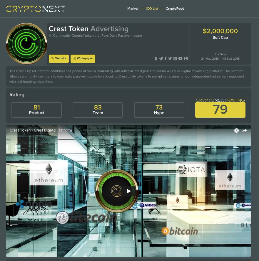 Crypt0Next's tweet image. Crest Token #ICO is listed on CryptoNext 🥈 (Rating 7⃣9⃣/ 100) cryptonext.com/ico/crest-token🎖️🏆 @CrestToken