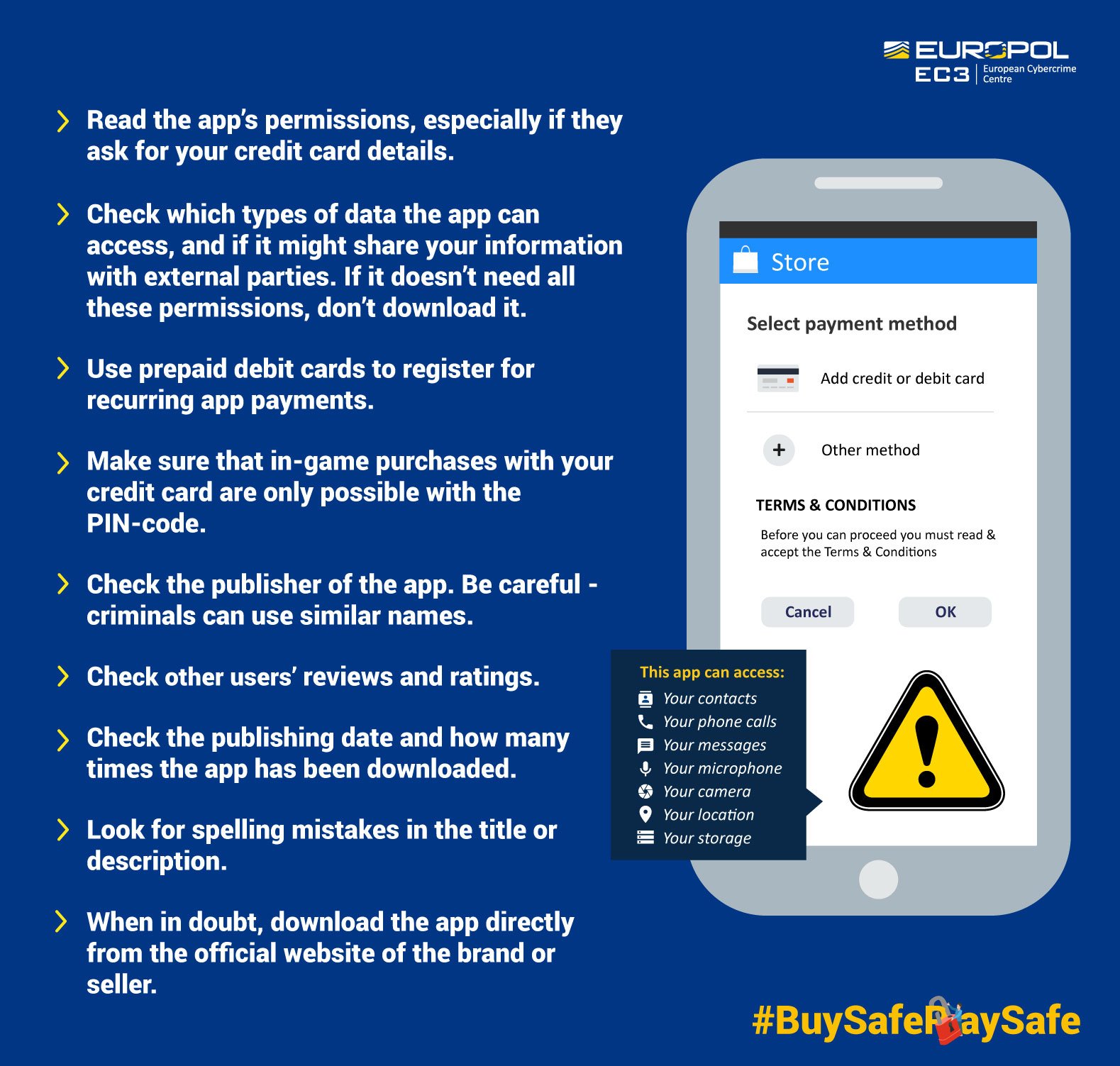 Europol on Twitter: "Before installing an app on your device: ✓ Check the  app's permissions &amp; which types of data it can access ✓ Use a prepaid  card for any recurring payments