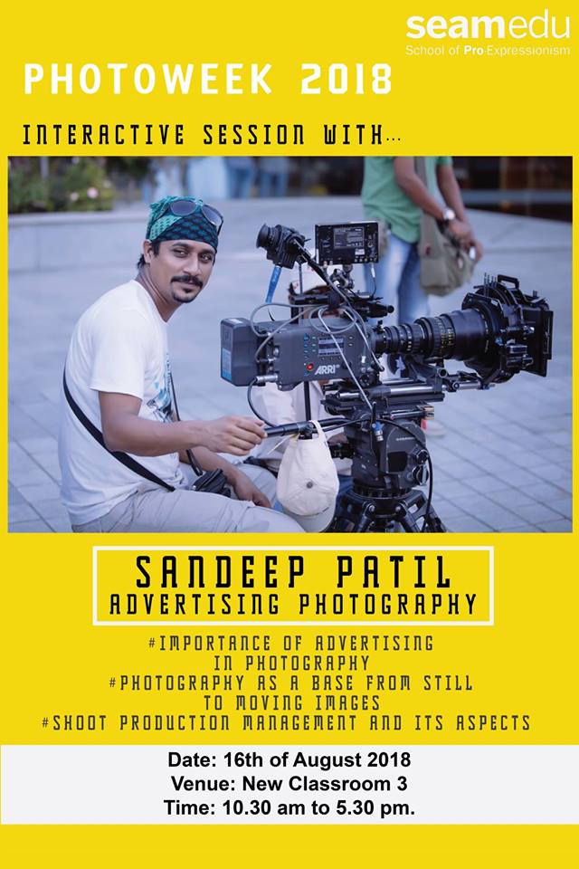 Seamedu's tweet photo. Third Day at The Seamedu Photo-Week 2018 - Lets understand more about Advertising Photography with Sandeep Patil #Seamedu #AdsPhotography #Photography #WorldPhotographyDay #PhotoWeek2018 https://t.co/8M8jimZ6A9