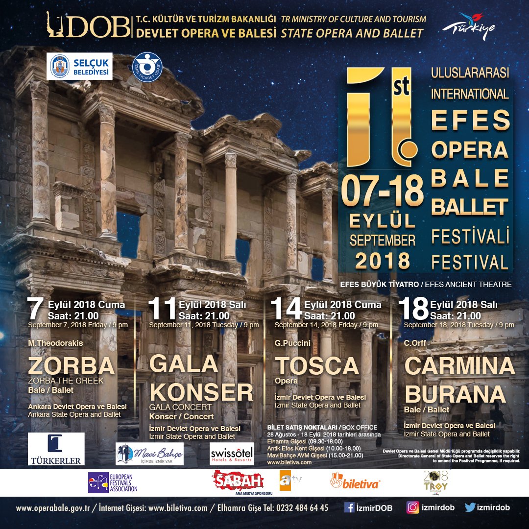 izmirdob's tweet photo. 1. Uluslararası Efes Opera ve Bale Festivali ZORBA ile başlıyor! Dört gösterinin sunulacağı festivalin ilk gösterisi olan ve Theodorakis'in müziği, Massine'in koreografisiyle @AnkaraDOB’un sahneleyeceği eser, 7 Eylül Cuma günü 21.00'de Efes'te Egeli sanatseverlerle buluşacak. https://t.co/KC9PmMKbXy