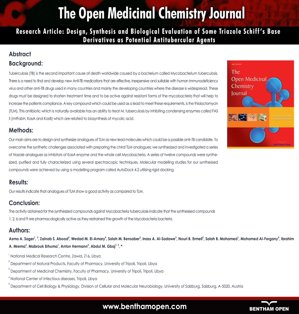 bentham_open's tweet image. Design, Synthesis and Biological Evaluation of Some Triazole Schiff’s Base Derivatives as Potential Antitubercular Agents
Read: bit.ly/2Bgh00R
#AntitubercularActivity #Imines #SchiffBase #TheOpenMedicinalChemistryJournal