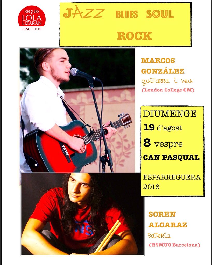 BequesLola's tweet photo. JAZZ - SOUL - BLUES - ROCK 😎🎧🎸🥁
.
Marcos González, veu i guitarra
Soren Alcaraz, bateria
.
📆 - DIUMENGE 19 Agost
.
🕖 - 8 vespre
.
📍 - Can Pasqual, Esparreguera
.
RECORDEU: Tots els beneficis del recital seran destinats al fons de beques
#Esparreguera #Baixllobregat https://t.co/t3JtYqBDKy