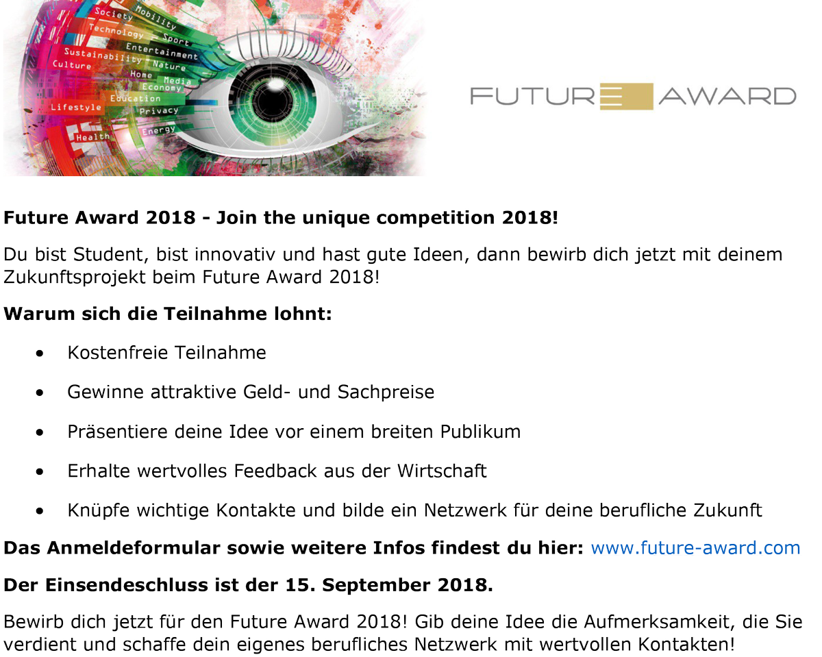 HIGHEST1877's tweet photo. Der Name ist Programm: 
 Mit dem #FutureAward wird Eure #Zukunft anfassbar! 
 Der Award richtet sich an Studierende aller Fachrichtungen. 
 Bis zum 15. September könnt Ihr Euch unter: https://t.co/wd0SoQZldL bewerben. #machervonmorgen https://t.co/lwrEU8GDQO