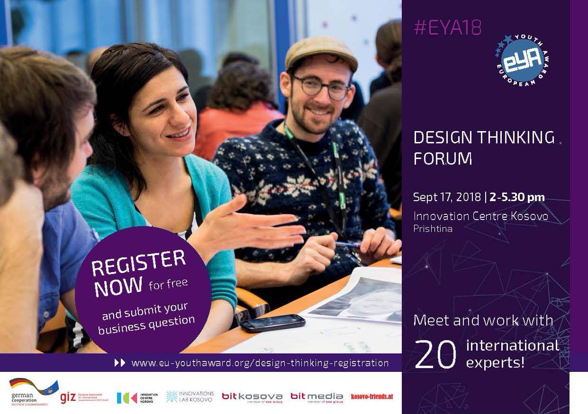 EYAgraz's tweet photo. As part of its Europe-wide program, EYA will visit Prishtina to organize a #designthinking Forum together with our partners @ICKosovo @GIZ_gmbh @KosInnovations #bitmedia &amp; @_KFAT - connecting local digital #startups with int. experts and #opinionleaders  https://t.co/PPYMOA7Twk https://t.co/CGrmO22ibw