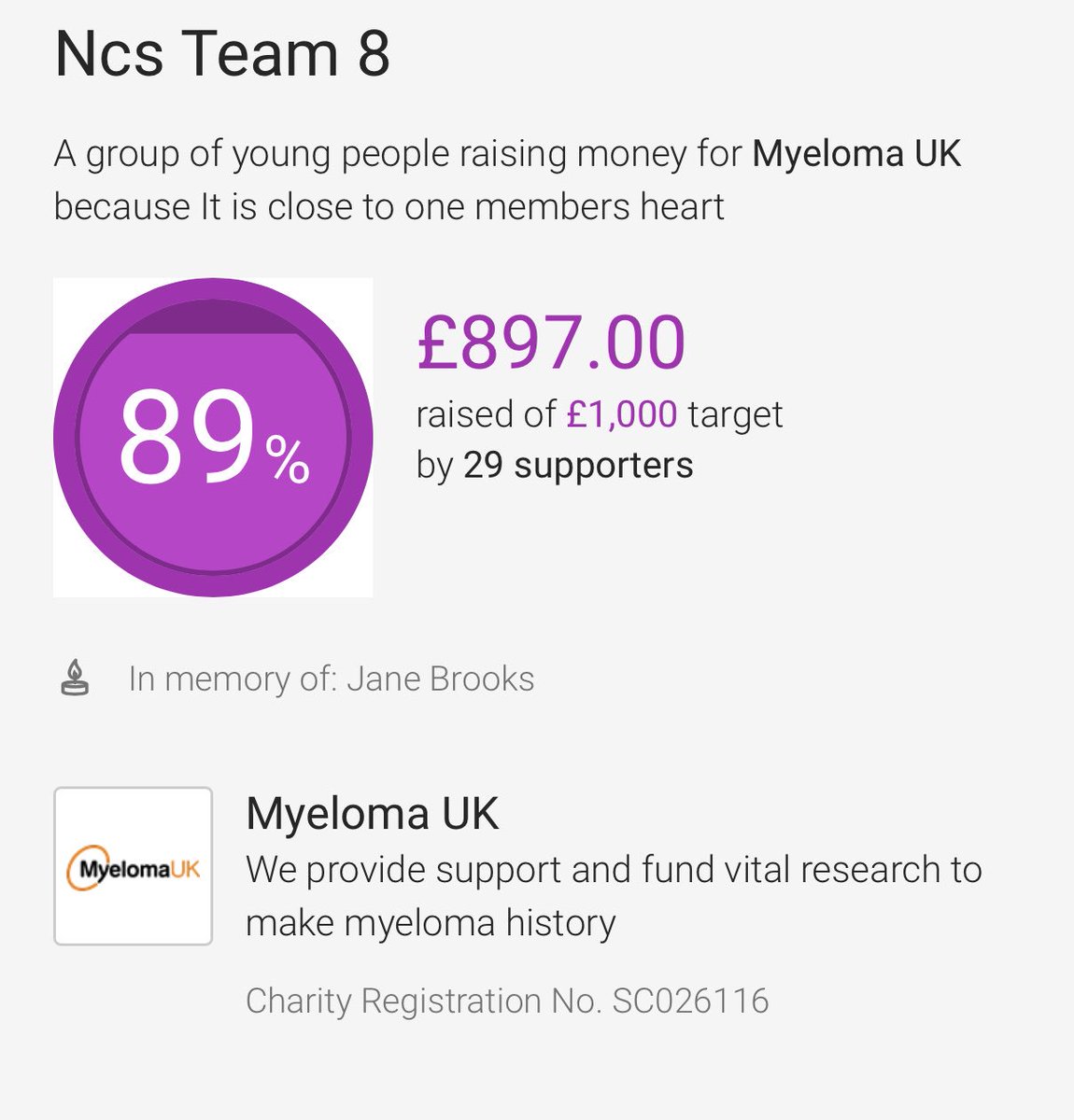 Team8NCS1's tweet photo. WOW!!! £897 in 4 days for such a worthy cause @MyelomaUK please keep donating and support our event🧡 #charity #donate #maidstone #event https://t.co/Ef68cjCyIS