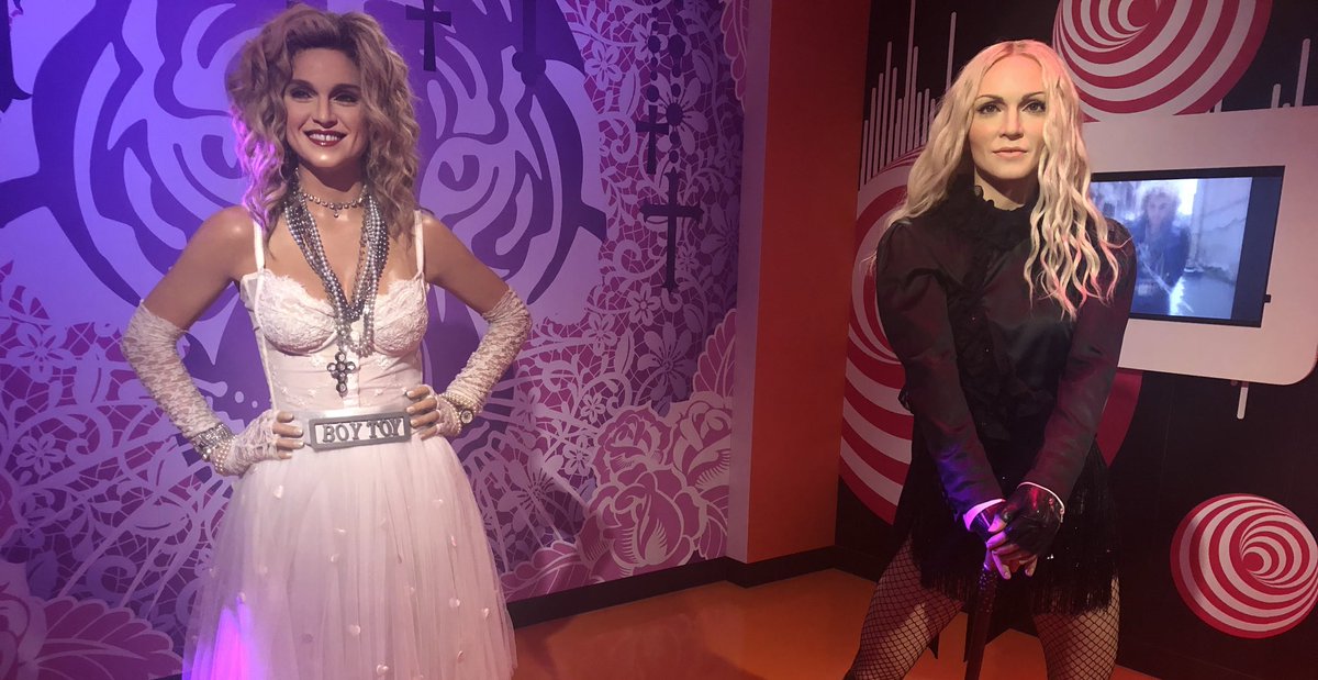 TussaudsTokyo's tweet photo. マドンナ今日で60歳ですって！🎉🎂

左は1984年、「ライク・ア・ヴァージン」をリリースした際の姿、右は2008年の「スティッキー&amp;スウィート」ツアーの時。いつの時代の姿もステキ❤️
#HappyBirthdayMadonna https://t.co/gIOsrfC23g