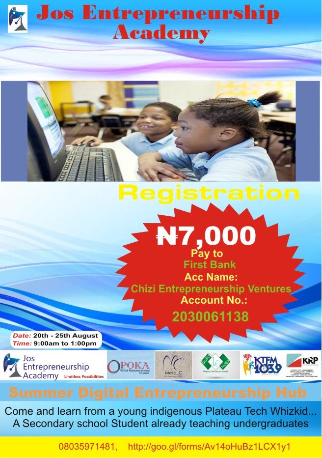 krpcomms1's tweet photo. 08077920919 Summer Tech bootcamp Monday 20/8/2018 in Jos @krpcomms1 @hajiamariama555 @BIHAproject @vivkwande @berom29 @AkinwunmiAmbode @TonyOElumelu @bukolasaraki @ktfmjos @schoolhunters1 @schoolhuntersUK @ObleteNancy https://t.co/4SB74HgqDF