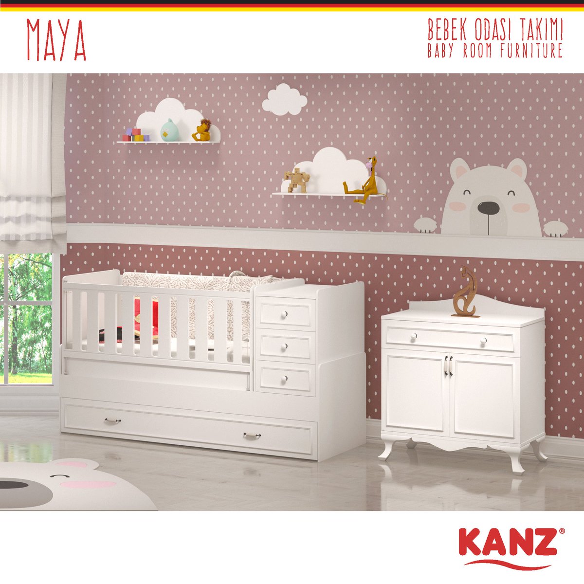 Maya bebek odasının her parçası, bebeğiniz için özenle, yılların tecrübesi  ve üstün alman tecrübesine sahip Kanz Mobilya tarafından tasarlandı.. Bebek odası, Beşik ya da karyola arayanlara ;) 
kanzmobilya.com
#beşik #karyola #bebekodasi #yenidogan #yarisma #hediye