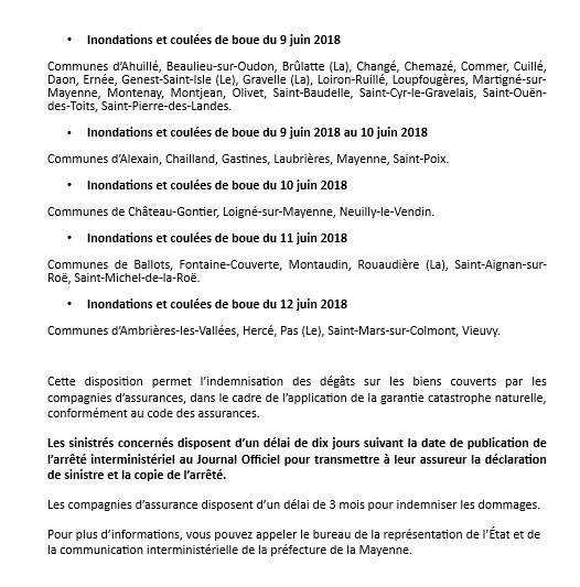 Publication du 15 août 2018 au #JORF : liste des communes en #Mayenne faisant l’objet d’une constatation de l’état de catastrophe naturelle pour les dommages dus aux #inondations ou coulées de boues du mois de juin 2018. #CATNAT