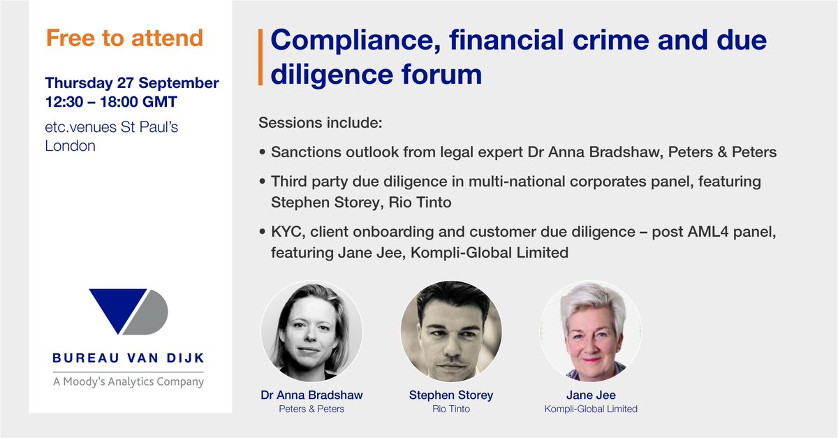 bureauvandijk's tweet photo. Join our forum on 27 Sep as we share knowledge and best practice in sanctions, financial crime, due diligence and KYC/AML, featuring Dr Anna Bradshaw, @PetersandPeters, Stephen Storey, @RioTinto, and Jane Jee, @kompliglobal #KYC #AML4 https://t.co/WqIYvfg8kY https://t.co/6b58yqcfli