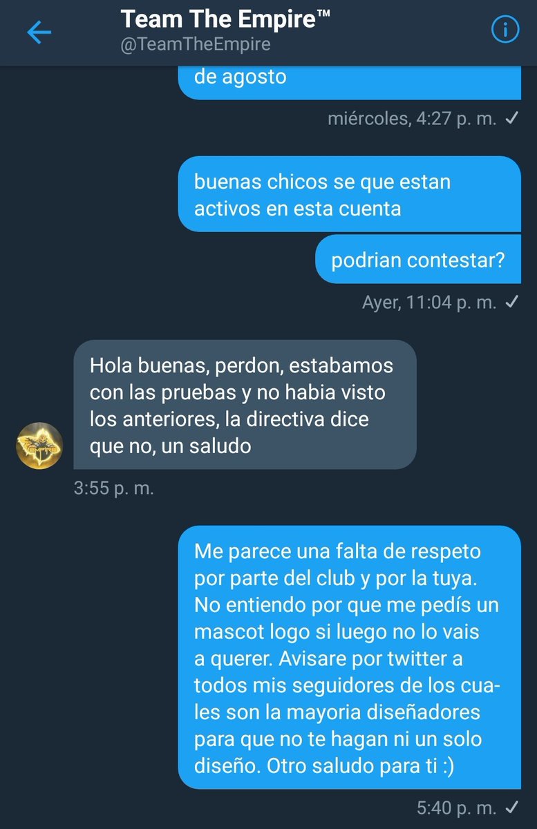 GoNaDesign's tweet photo. Informo a el resto de diseñadores que @TeamTheEmpire despues de pedirme un mascot logo y hacerselo hace un mes, hoy se han dignado a contestarme diciendo: https://t.co/CUoV6lbHFX
