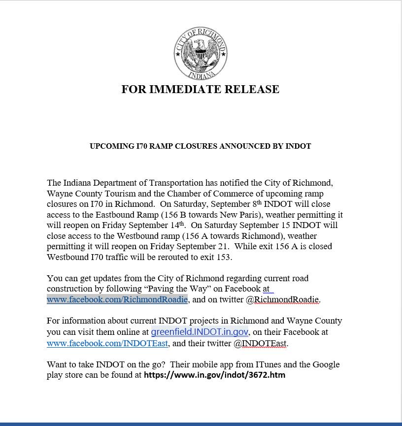 ATTENTION! I 70 RAMP CLOSURES COMING IN SEPTEMBER. READ BELOW FOR MORE DETAILS.