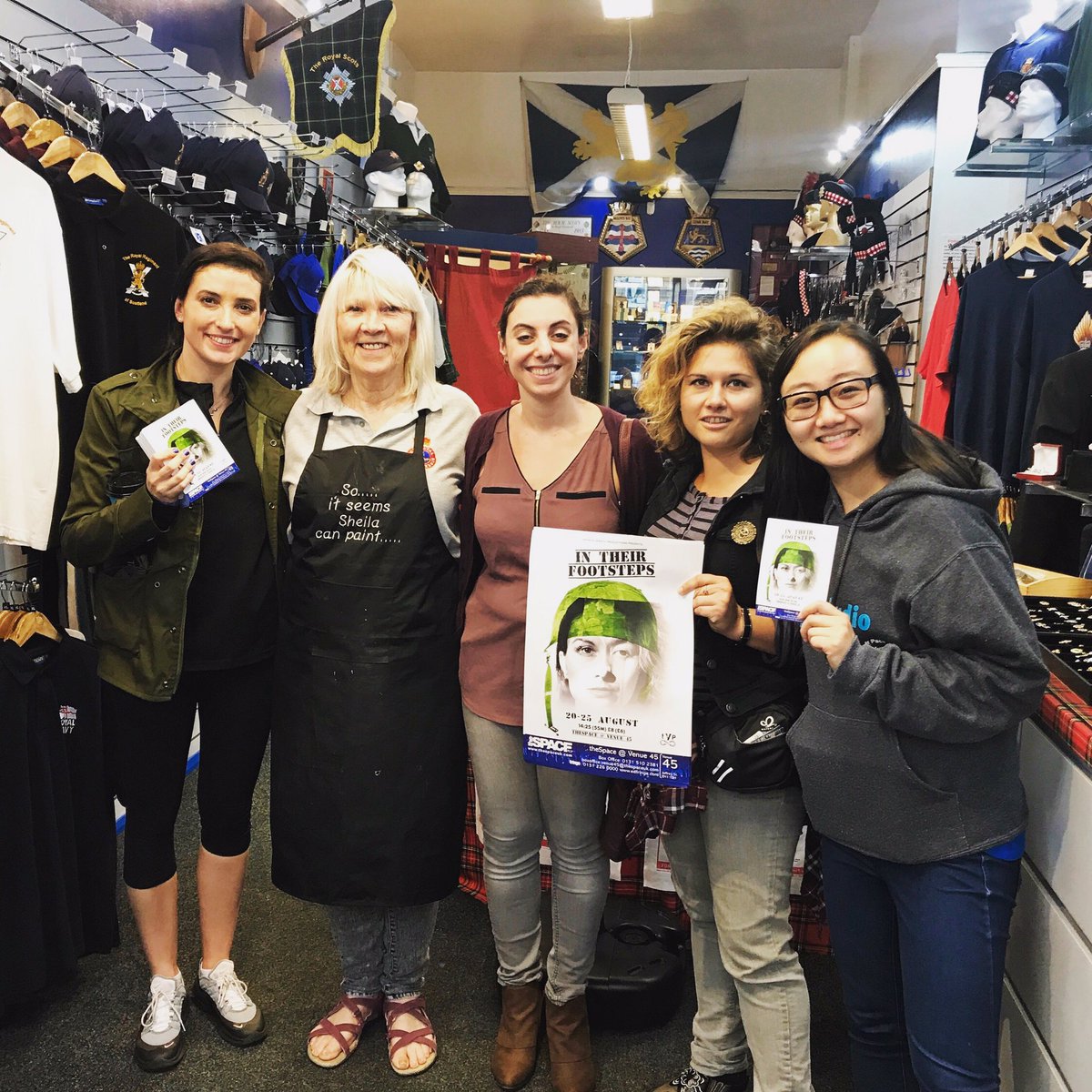 IVPNYC's tweet photo. DAY 1: Thank you, Sheila and The Scottish Regimental Store, for your support!! We support you, too! #WomenVeterans #InTheirFootsteps #IntoTheUnknown #EdFringe #EdinburghFringeFestival #WomenInHistory  #DocumentaryTheater #WomenInTheMilitary @edfringe @TheScotsman @edfringe_review https://t.co/nCz2Thh3FD