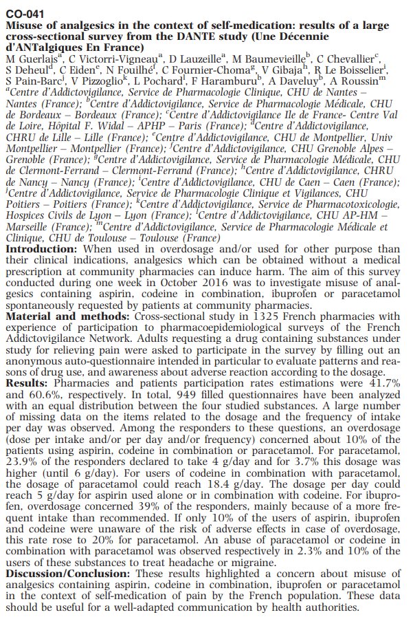 Ofma_Antalgique's tweet image. 10% des patients en #automédication avec des #antalgiques (paracétamol, ibuprofène, aspirine, codéine) pratiquent des surdosages - enquête du réseau français d&apos;#addictovigilance. publiée dans Fund Clin Pharmacology 32(S1):16 #antidouleur #fan #ansm @AddictoParis @AddicVigiBX