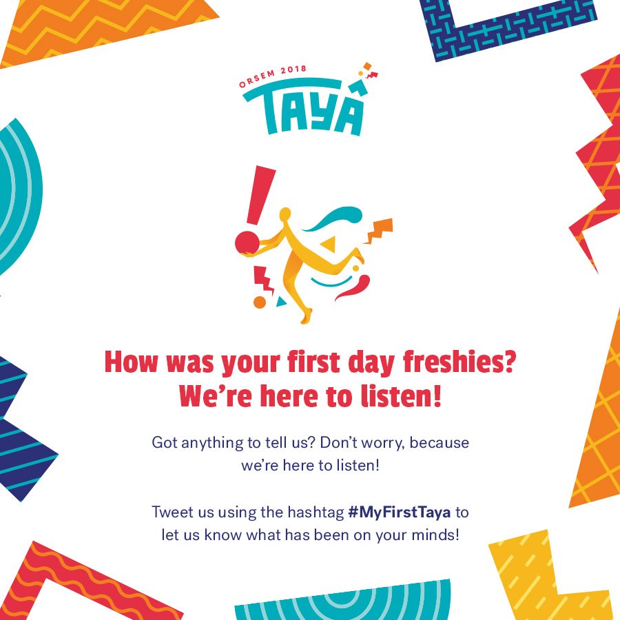 2018Orsem's tweet photo. How were your first few days of school, freshies? How were you feeling? Did you get to meet new people? What were your first thoughts on the Ateneo?

We’re here to listen! Tweet us using the hashtag #MyFirstTaya to let us know what has been on your minds! https://t.co/aC2KeMCD6p