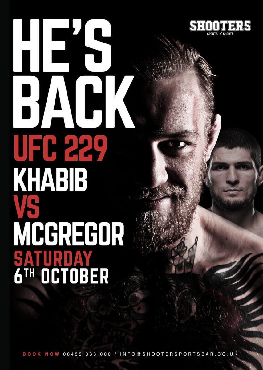 McGregor will fight Khabib  on 6 October.

🎉 🏆 !Join us for the biggest fight in UFC history!🏆 🎉 

Bookings £ 10 seats with a drink.

We will also be selling
hot dogs and burgers

🌐 shootersportsbar.co.uk/booking

#Boxing #Cardiff #Cardiffcity #UFC #ufc229 #NOTORIOUS #EIRE