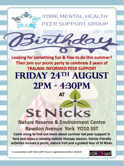 YorPeer's tweet photo. The weather forecast is looking good for our 2nd birthday party picnic @StNicksFields next Friday. So why not come along to join us & @YorkLGBT as we celebrate 2 amazing years of #SurvivorLed #PeerSupport in #York
#MentalHealth #TraumaInformedPeerSupport #TIPSuk https://t.co/8hvvbiOD6O