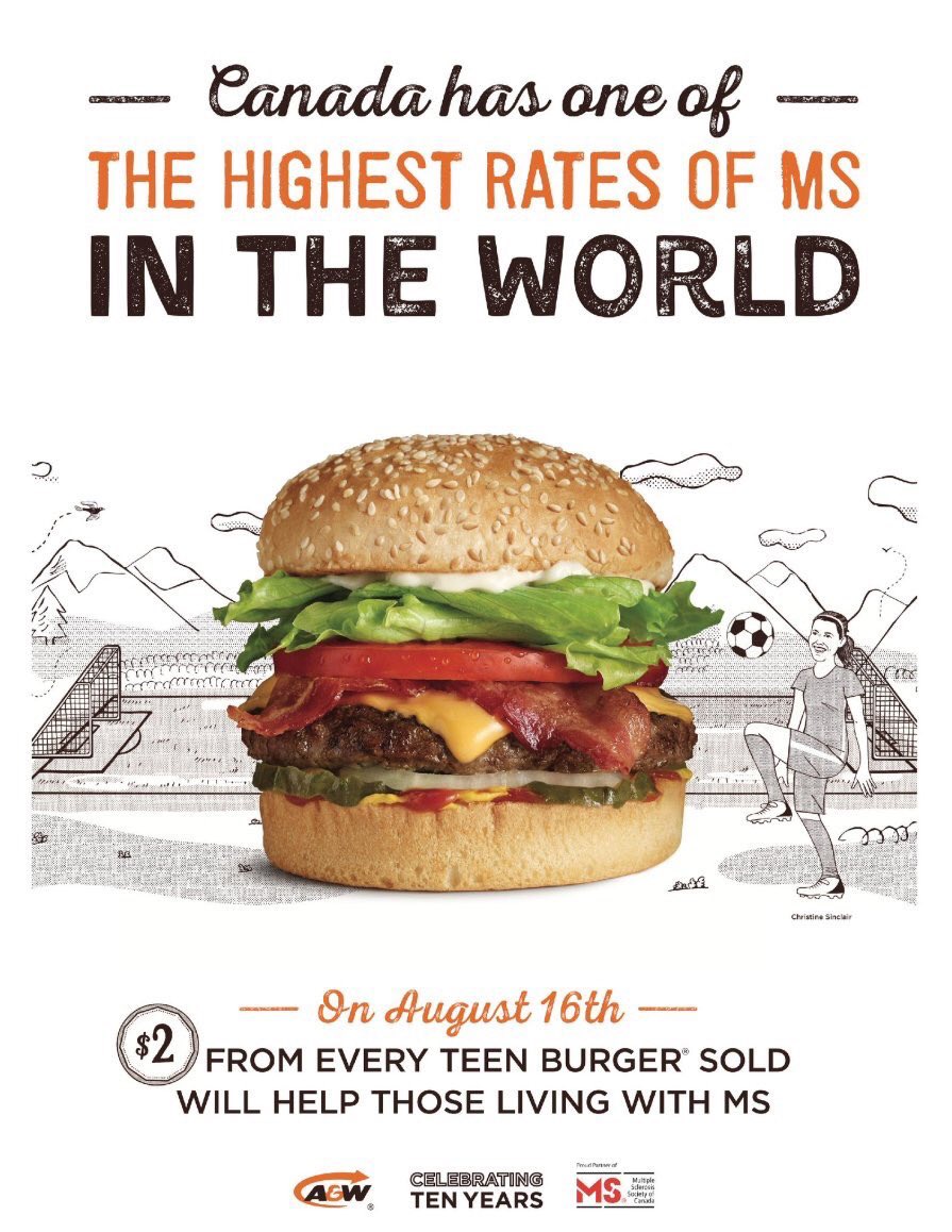TaniaVrionis's tweet photo. Today’s the big day - so many ways to support people with MS in Canada by visiting an A&amp;W! Make a huge difference just by buying a teen burger, rounding up at the till, making a donation! Thanks to @AWCanada for 10 years of incredible support. #BurgersToBeatMS https://t.co/o8U1heHD0P
