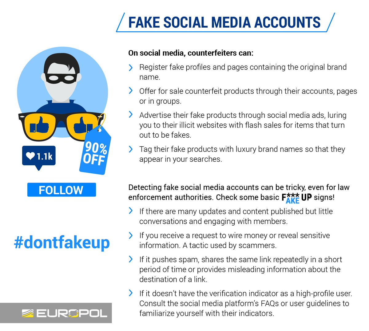 Stay alert ⚠️!  On #socialmedia, counterfeiters can register fake profiles and pages, and use social media ads to sell you their counterfeits. Don't let them fool you! Here are some basic signs to detect counterfeit products: