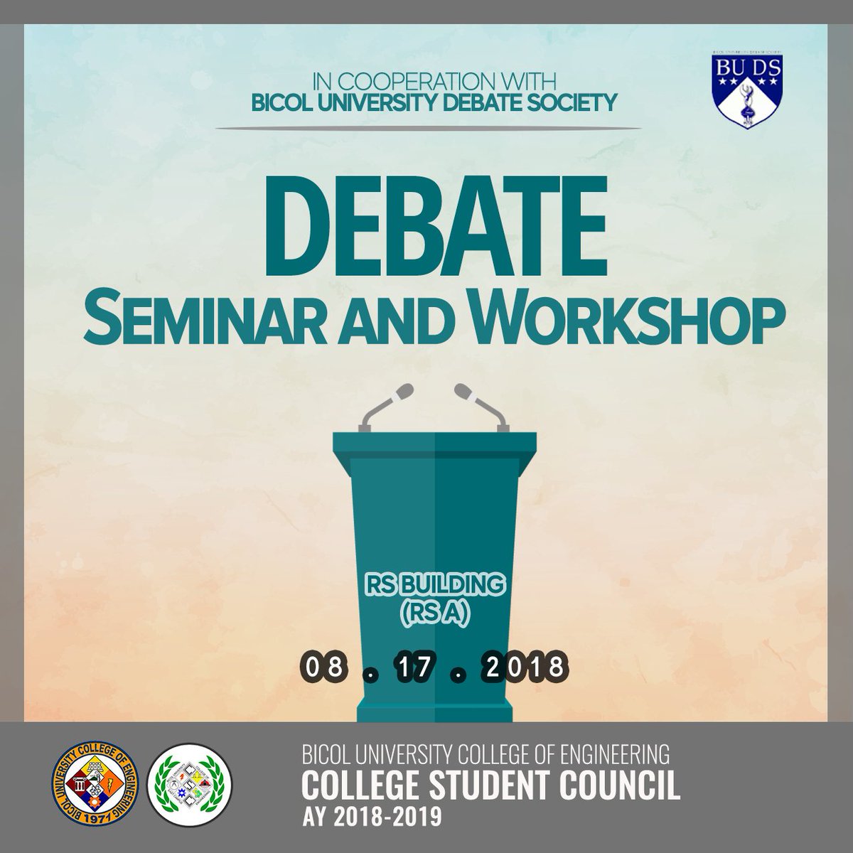 bucengcsc's tweet photo. BUCENG-CSC 0021
08-16-18 04:00PM
DEBATE SEMINAR AND WORKSHOP
#BUCENG #BUCEngCSC #BUDS #Debate
The Bicol University Debate Society, together with the BUCENG College Student Council will be hosting a Debate Seminar Workshop on August 17, 2018 at the RS-A from 8:00AM to 4:00PM. https://t.co/MtibMKOspJ